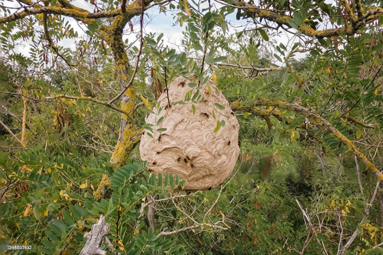 Bondrée apivore en vol au-dessus d'un jardin avec ruches, prédateur naturel du frelon asiatique