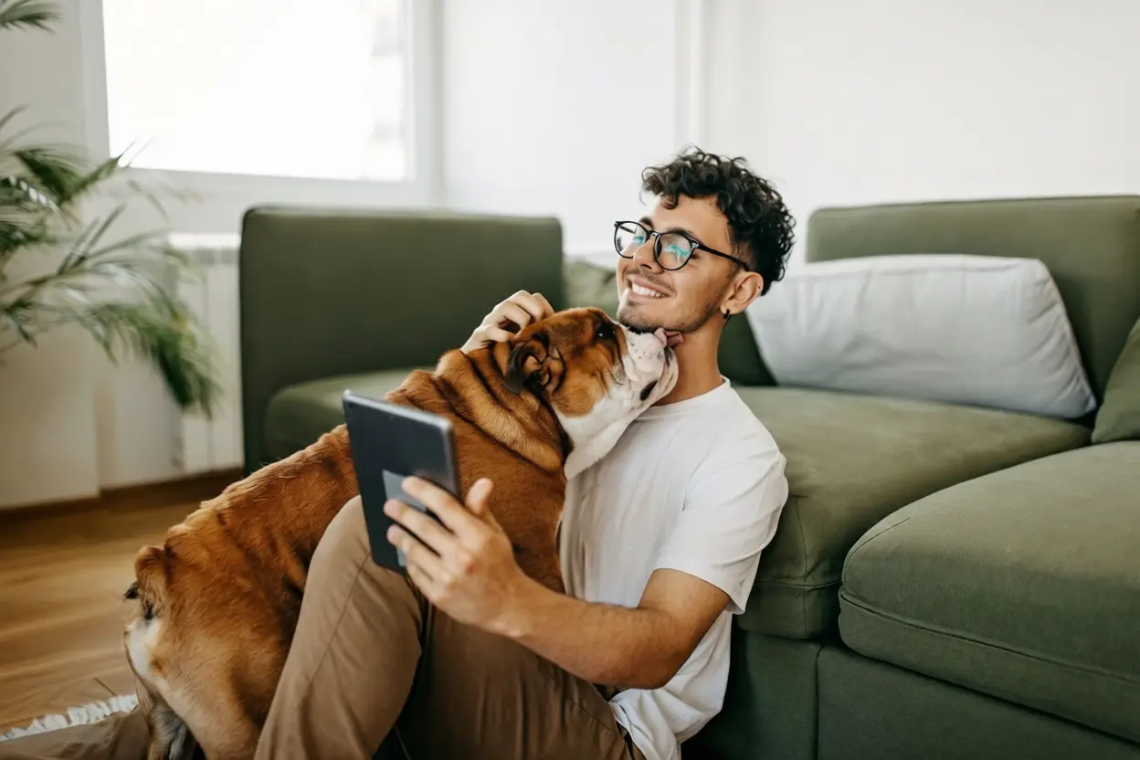 Chien suivant son maître dans toutes les pièces de la maison