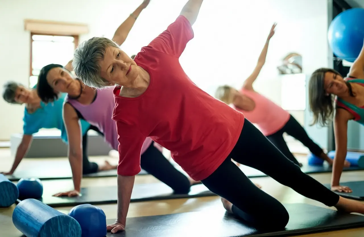 Femme pratiquant un exercice de la méthode Pilates sur un tapis à la maison