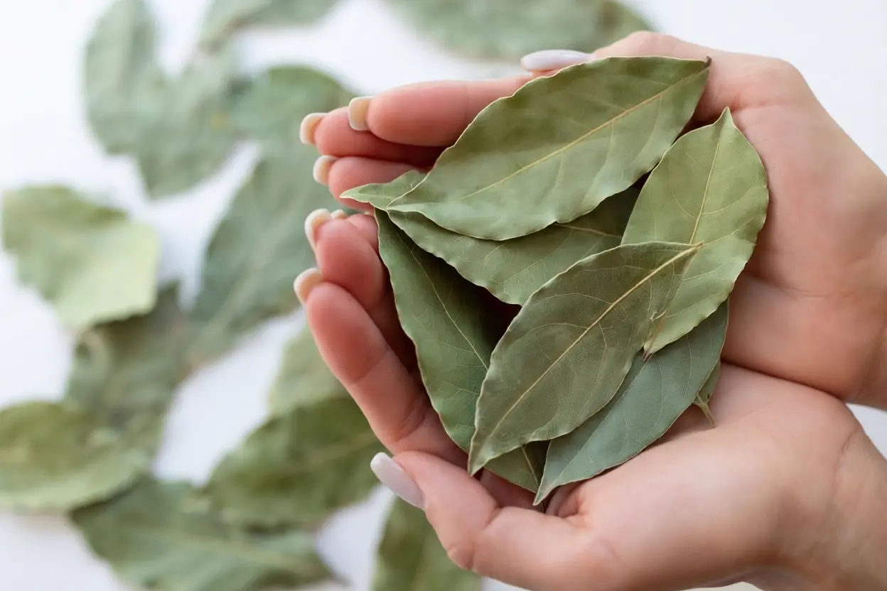 Feuilles de laurier séchées dans un sachet en tissu placé dans un placard de cuisine