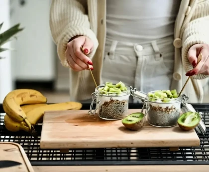 Graines de chia dans un bol avec cuillère en bois sur table de cuisine
