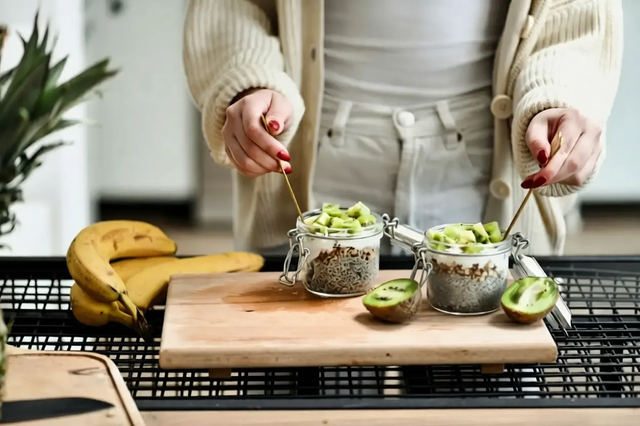 Graines de chia dans un bol avec cuillère en bois sur table de cuisine