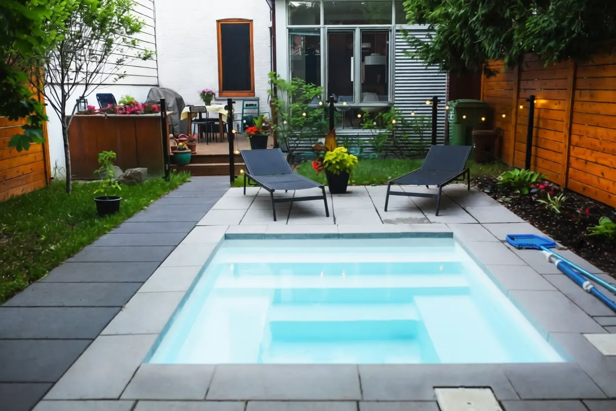 Mini piscine installée dans un jardin aménagé avec terrasse en bois
