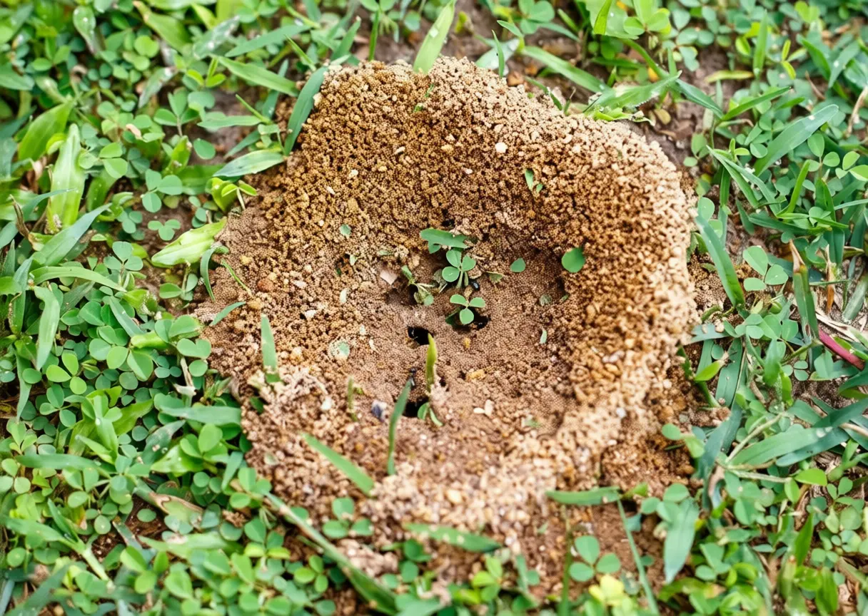Monticule de fourmilière sur pelouse verte avec outils de jardinage naturels