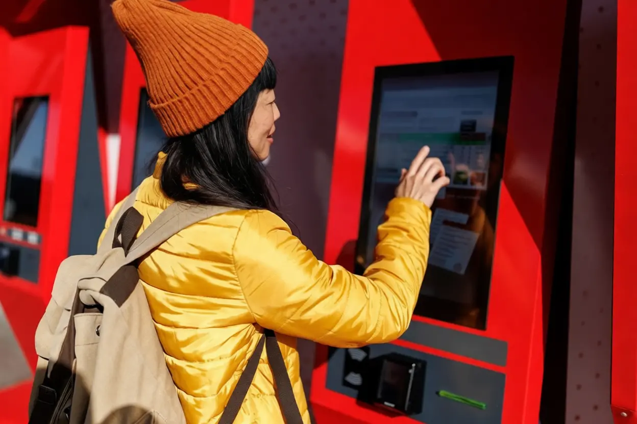 Voyageur consultant les prix des billets de train sur un écran de gare
