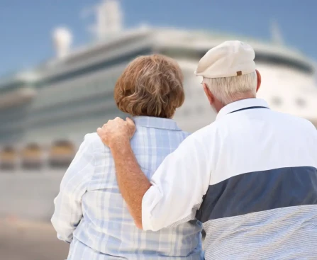 Couple de retraités sur le pont d'un bateau de croisière avec vue sur l'océan