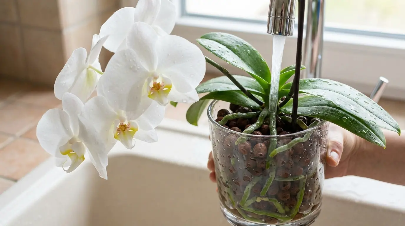 Arrosage orchidée sous eau du robinet montrant racines vertes dans pot transparent