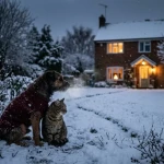 Chien et chat dans la neige regardant vers maison, animal dormir dehors en hiver dangereux