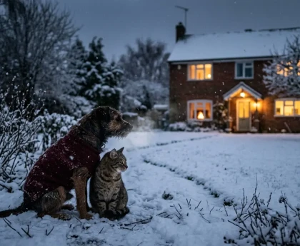 Chien et chat dans la neige regardant vers maison, animal dormir dehors en hiver dangereux