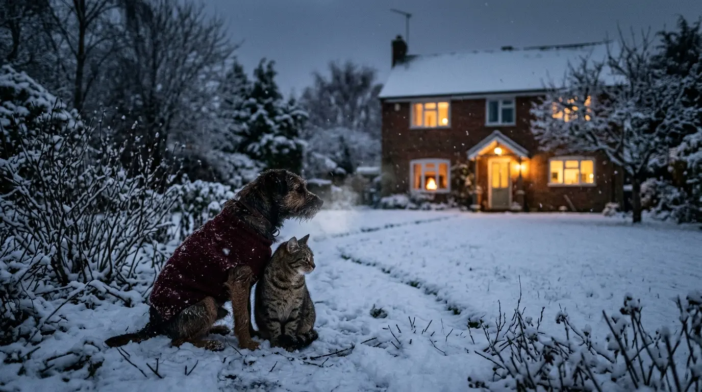 Chien et chat dans la neige regardant vers maison, animal dormir dehors en hiver dangereux