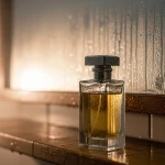 Flacon de parfum posé sur une étagère de salle de bain humide — mauvaise conservation