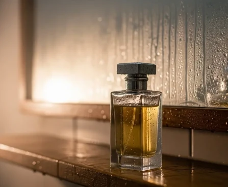 Flacon de parfum posé sur une étagère de salle de bain humide — mauvaise conservation