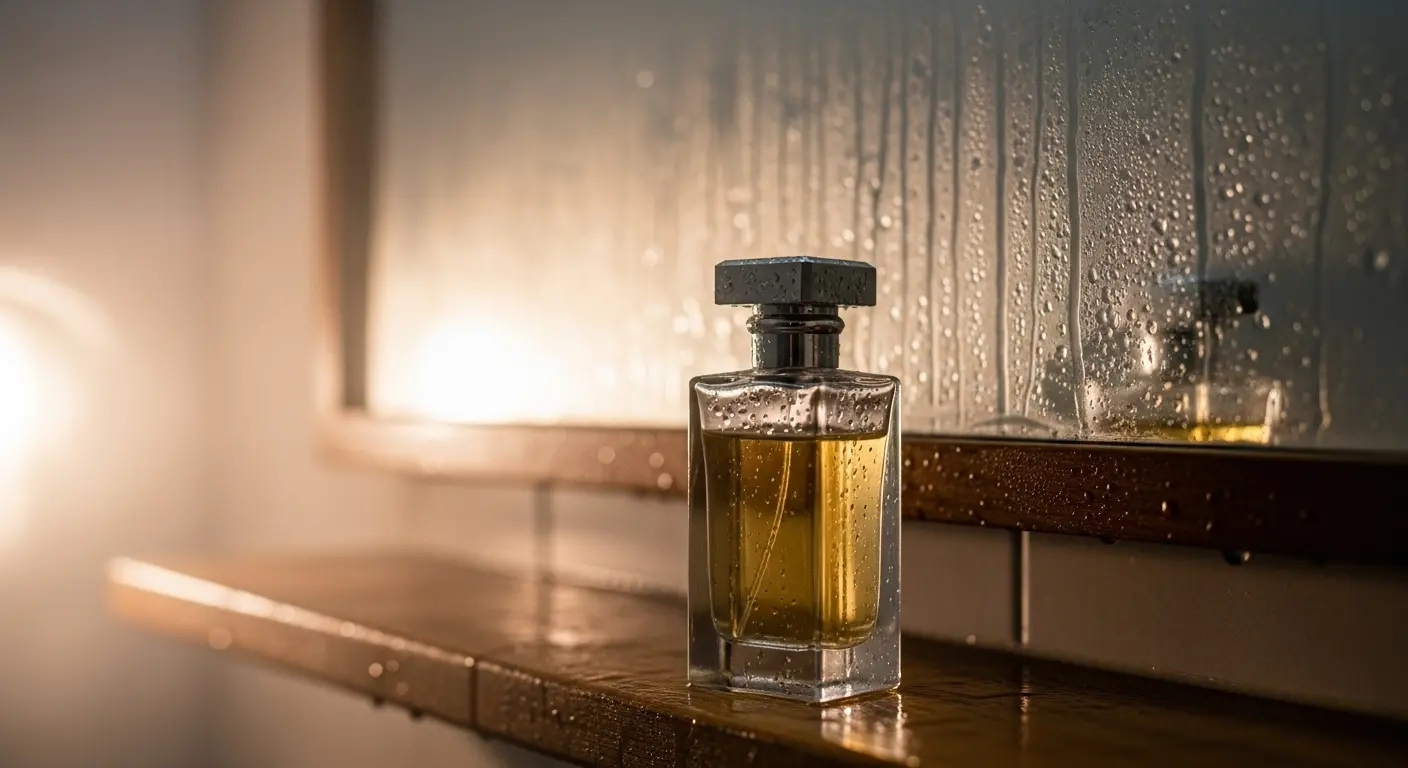 Flacon de parfum posé sur une étagère de salle de bain humide — mauvaise conservation