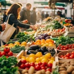 Étal de fruits et légumes frais sur un marché local