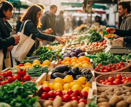 Étal de fruits et légumes frais sur un marché local