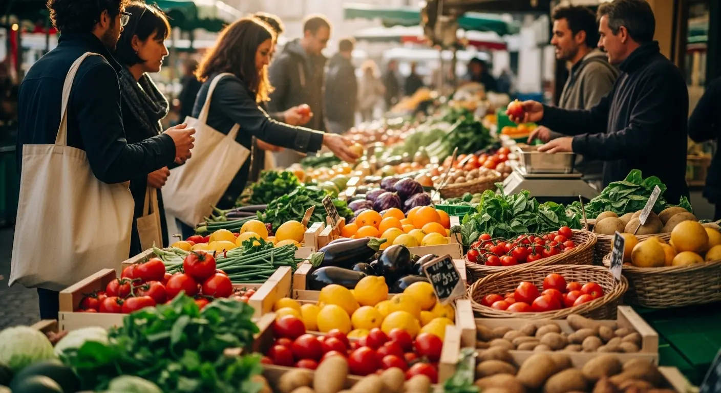 Étal de fruits et légumes frais sur un marché local