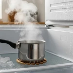 Casserole d'eau chaude placée dans un congélateur pour dégivrer rapidement