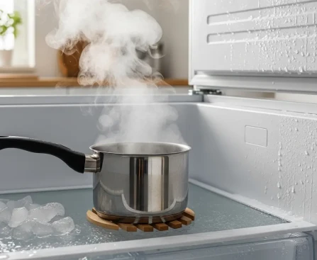Casserole d'eau chaude placée dans un congélateur pour dégivrer rapidement
