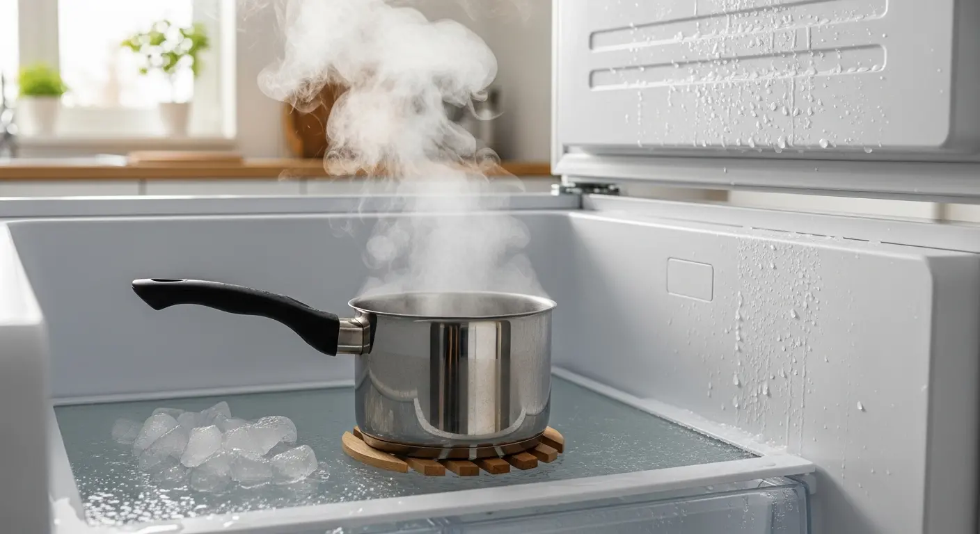 Casserole d'eau chaude placée dans un congélateur pour dégivrer rapidement