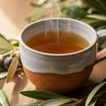 Infusion de feuilles d'olivier dans une tasse, remède naturel pour la santé