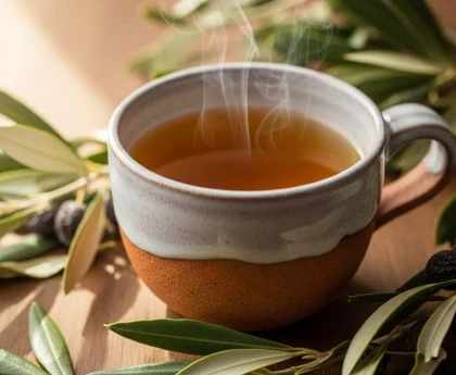 Infusion de feuilles d'olivier dans une tasse, remède naturel pour la santé