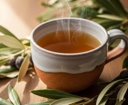 Infusion de feuilles d'olivier dans une tasse, remède naturel pour la santé