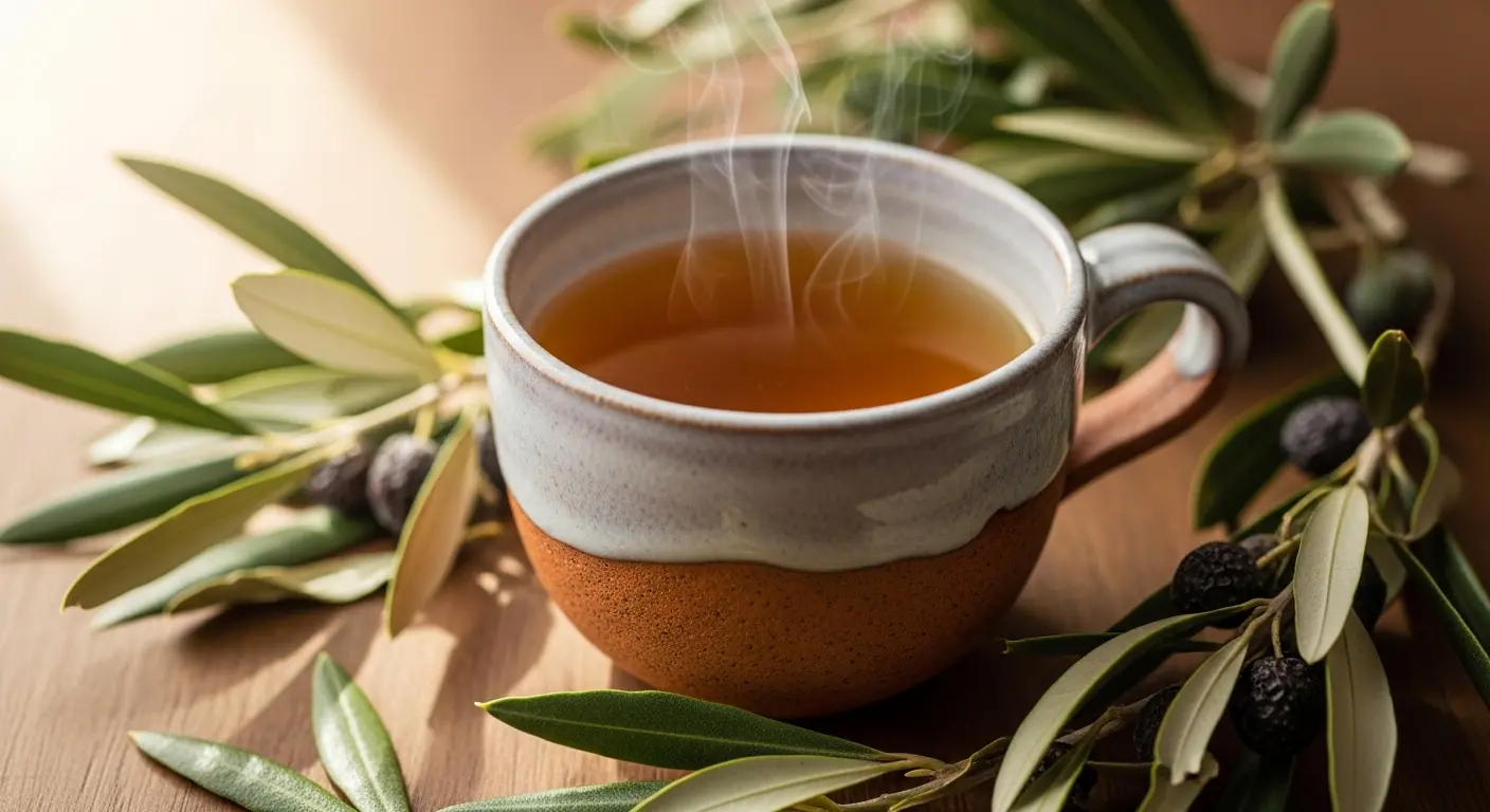 Infusion de feuilles d'olivier dans une tasse, remède naturel pour la santé