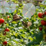 Oiseaux picorant des fruits rouges dans un jardin potager avec dispositifs de protection naturels