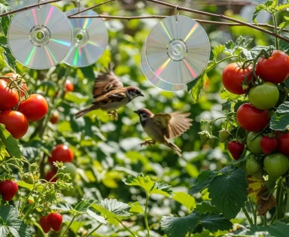 Oiseaux picorant des fruits rouges dans un jardin potager avec dispositifs de protection naturels