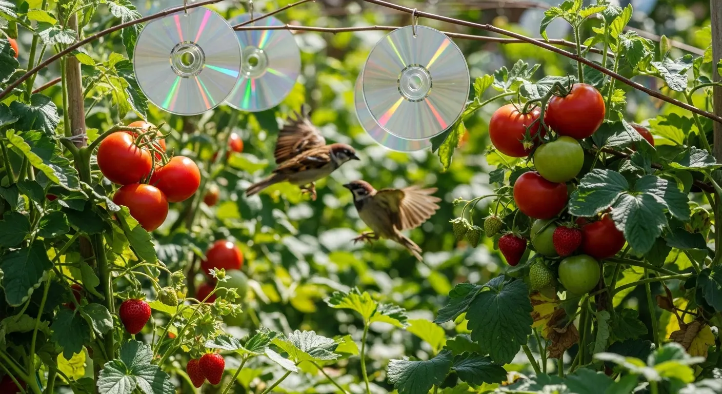 Oiseaux picorant des fruits rouges dans un jardin potager avec dispositifs de protection naturels