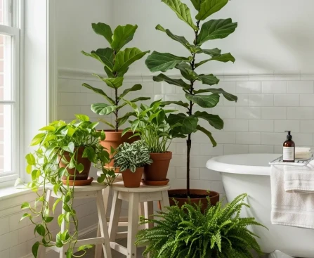 Plantes d'intérieur regroupées dans une salle de bains lumineuse pendant les vacances