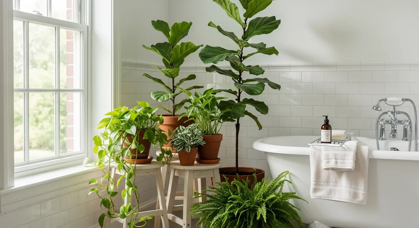 Plantes d'intérieur regroupées dans une salle de bains lumineuse pendant les vacances