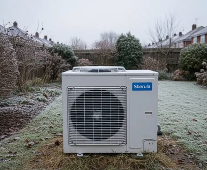 Unité extérieure de pompe à chaleur sous la neige en hiver, illustrant les limites de température