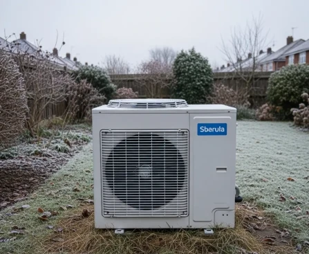 Unité extérieure de pompe à chaleur sous la neige en hiver, illustrant les limites de température