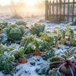 Potager en hiver avec légumes à récolter en janvier visibles malgré le givre