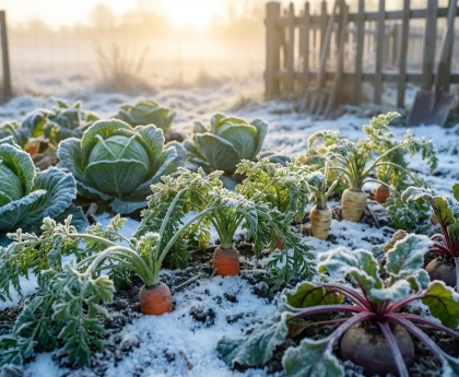 Potager en hiver avec légumes à récolter en janvier visibles malgré le givre