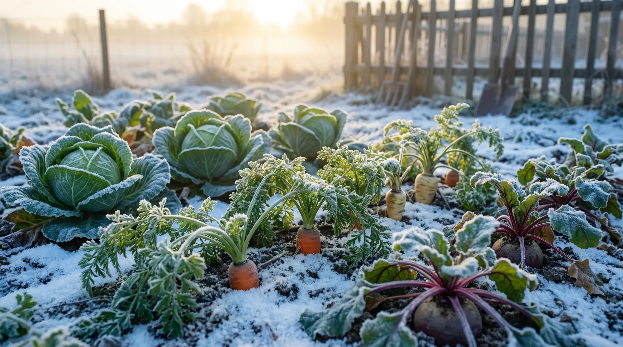 Potager en hiver avec légumes à récolter en janvier visibles malgré le givre