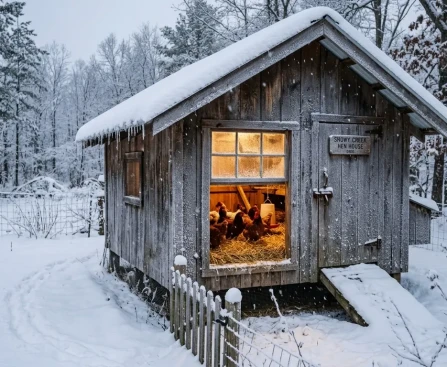 Poulailler isolé en bois avec poules en hiver protégées de la neige et du froid