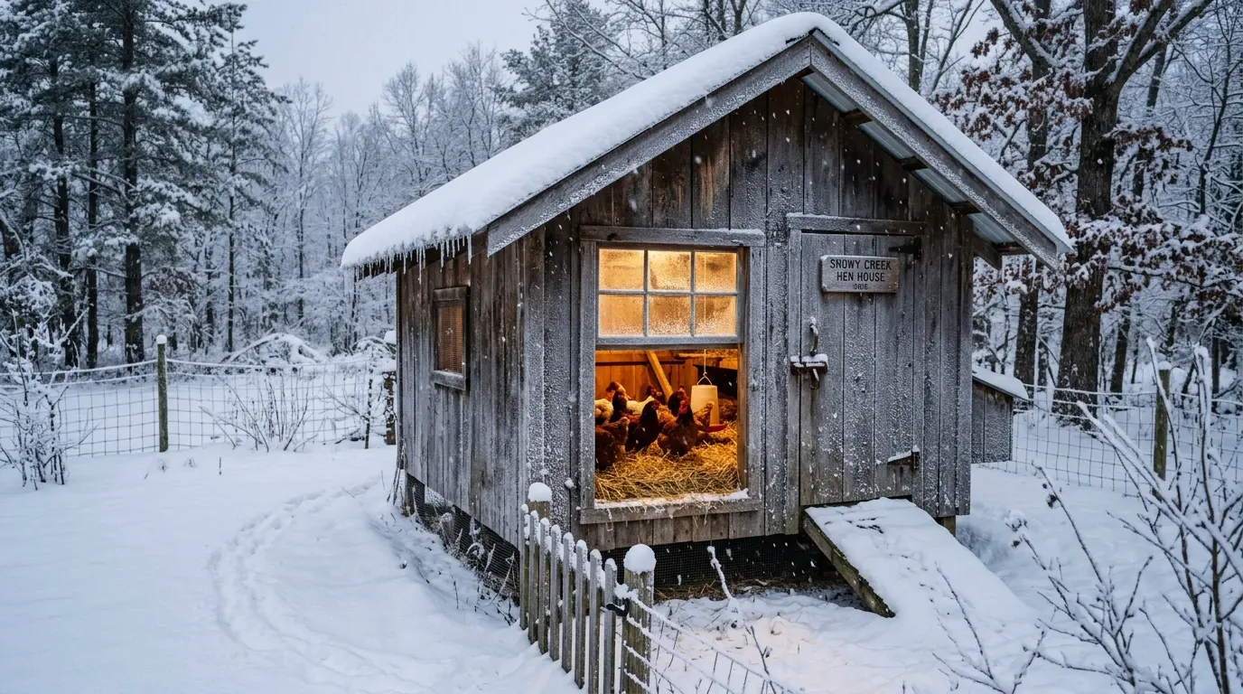 Poulailler isolé en bois avec poules en hiver protégées de la neige et du froid