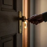 Propriétaire avec clés devant porte de logement locatif illustrant le droit d'accès encadré