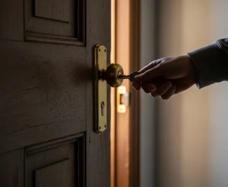 Propriétaire avec clés devant porte de logement locatif illustrant le droit d'accès encadré
