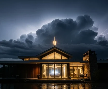 Maison équipée d'un paratonnerre sous un ciel orageux pour protéger contre la foudre