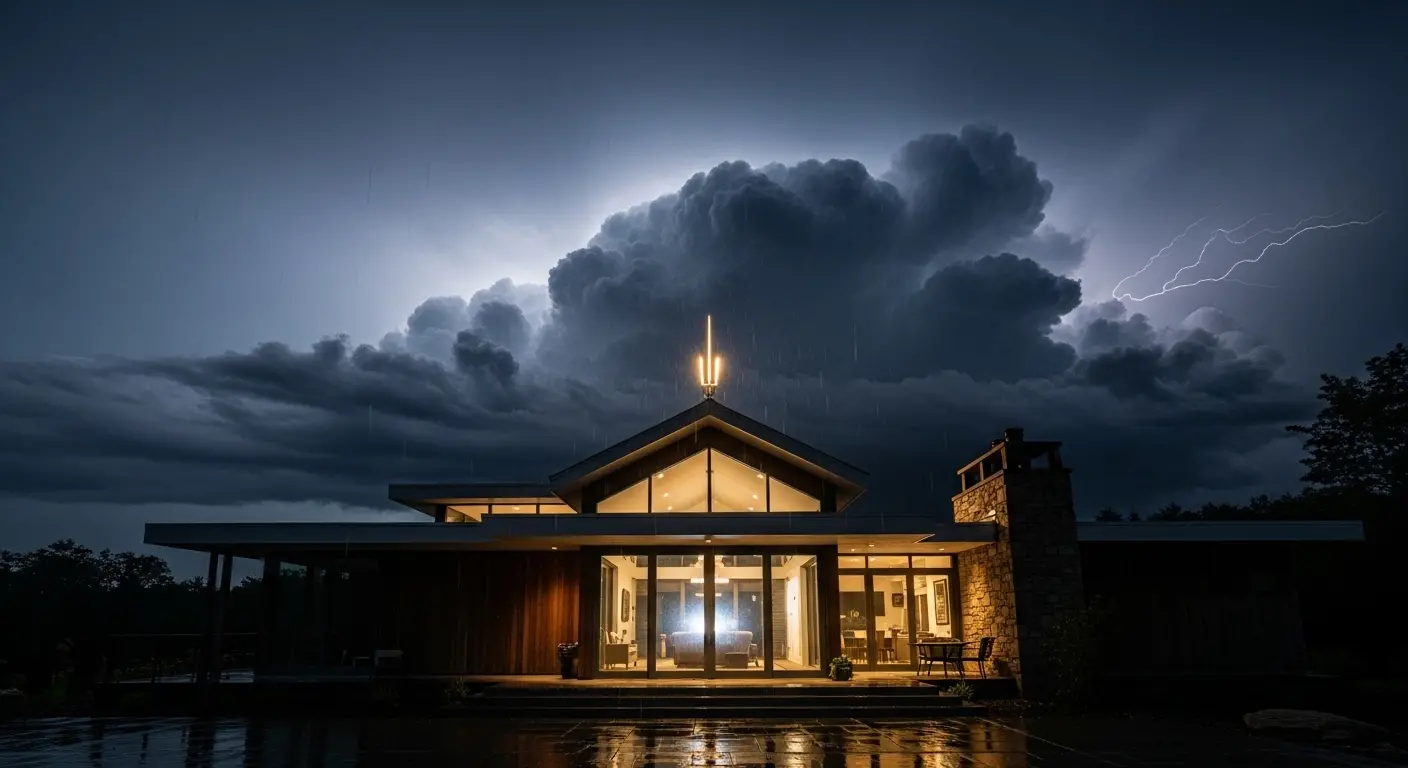 Maison équipée d'un paratonnerre sous un ciel orageux pour protéger contre la foudre