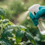Main gantée pulvérisant un traitement naturel sur des plants de tomates au potager