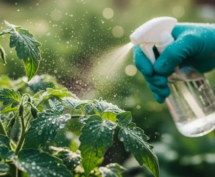 Main gantée pulvérisant un traitement naturel sur des plants de tomates au potager