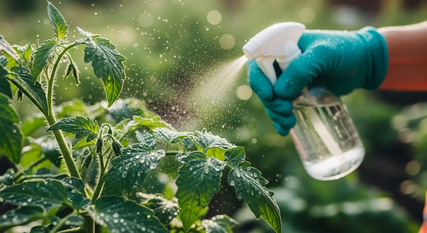 Main gantée pulvérisant un traitement naturel sur des plants de tomates au potager