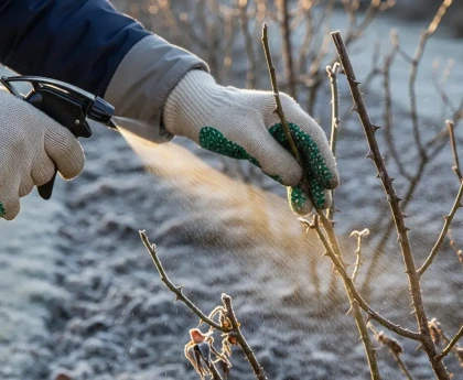 Application d'huile d'hiver sur des rosiers en janvier pour prévenir les pucerons