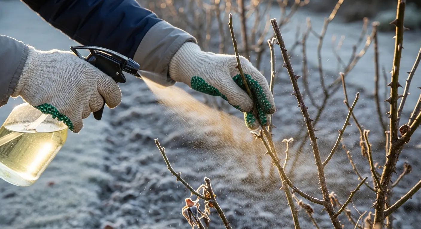 Application d'huile d'hiver sur des rosiers en janvier pour prévenir les pucerons