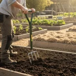 Jardinier utilisant une grelinette dans un potager pour aérer la terre sans la retourner