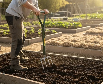 Jardinier utilisant une grelinette dans un potager pour aérer la terre sans la retourner
